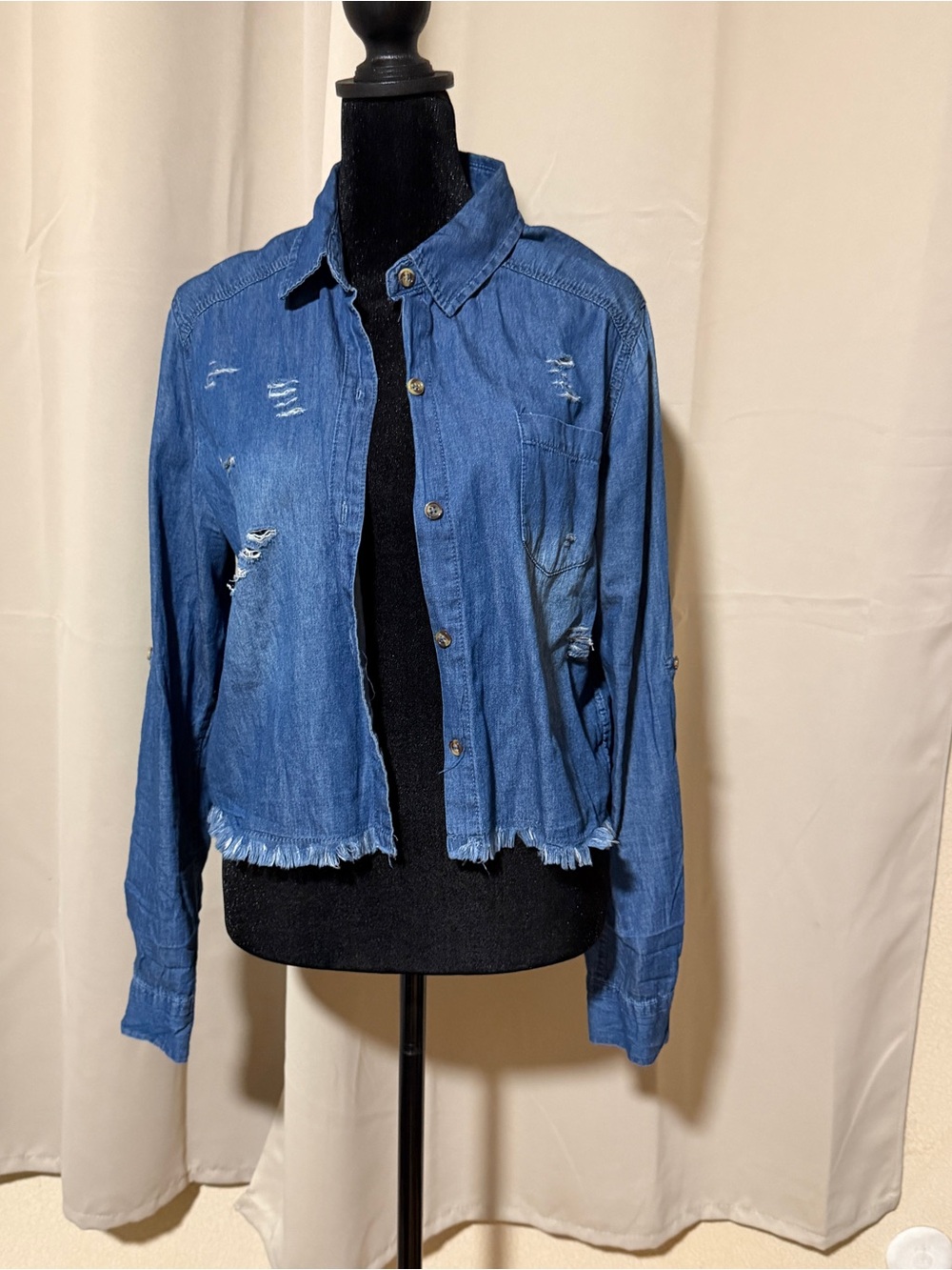 Nope U Women’s M 100% Cotton Denim Chambray Distressed Button Up Shirt Raw Hem